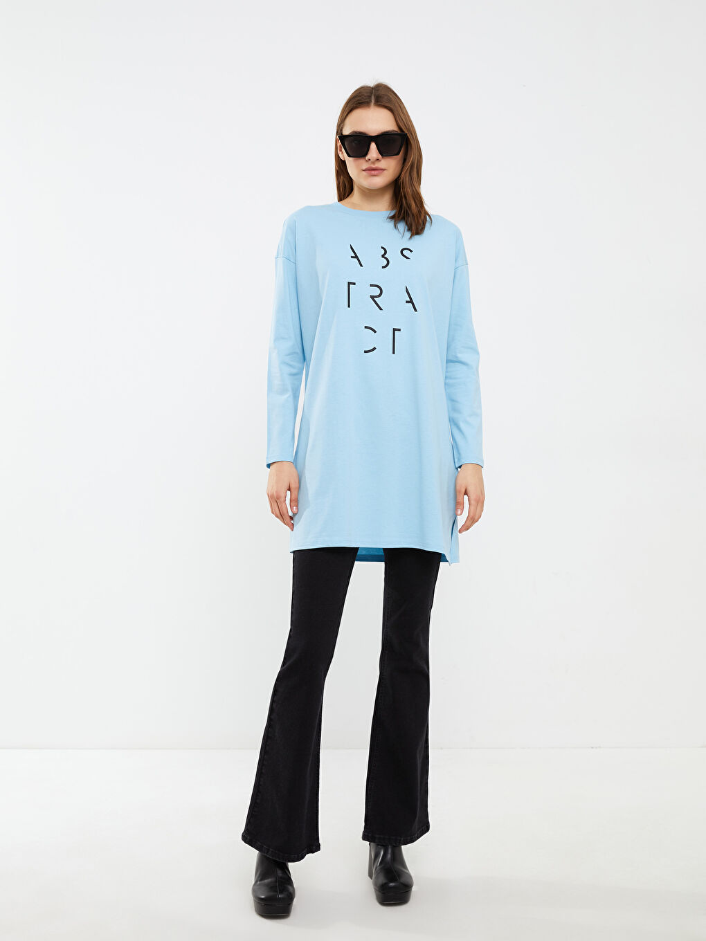 Mavi Bisiklet Yaka Baskılı Uzun Kollu Pamuklu Kadın Tunik-1