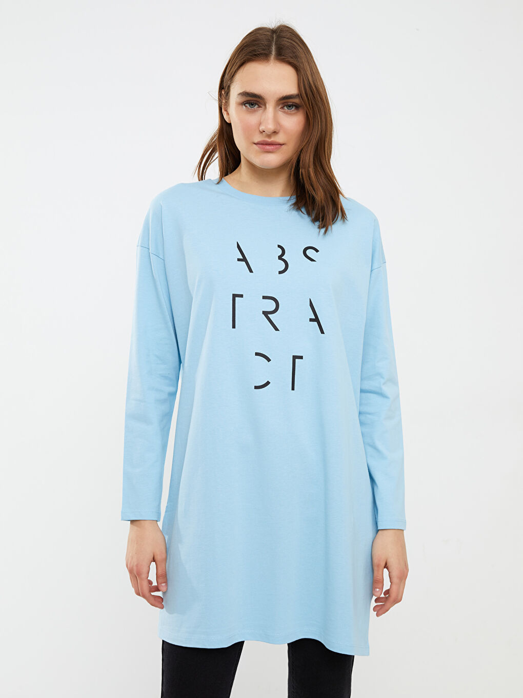 Mavi Bisiklet Yaka Baskılı Uzun Kollu Pamuklu Kadın Tunik-2