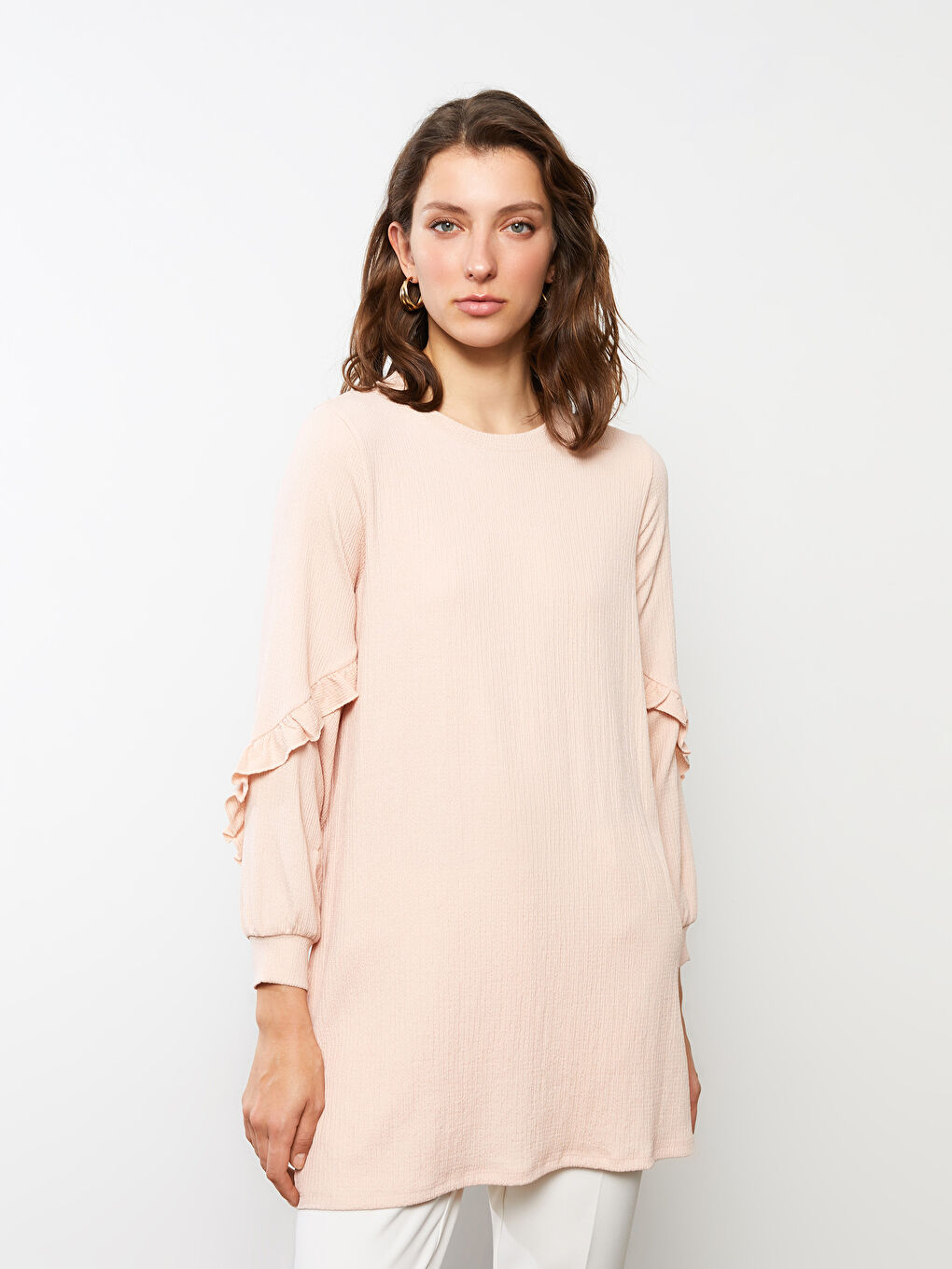 Pembe Bisiklet Yaka Düz Uzun Kollu Kadın Tunik