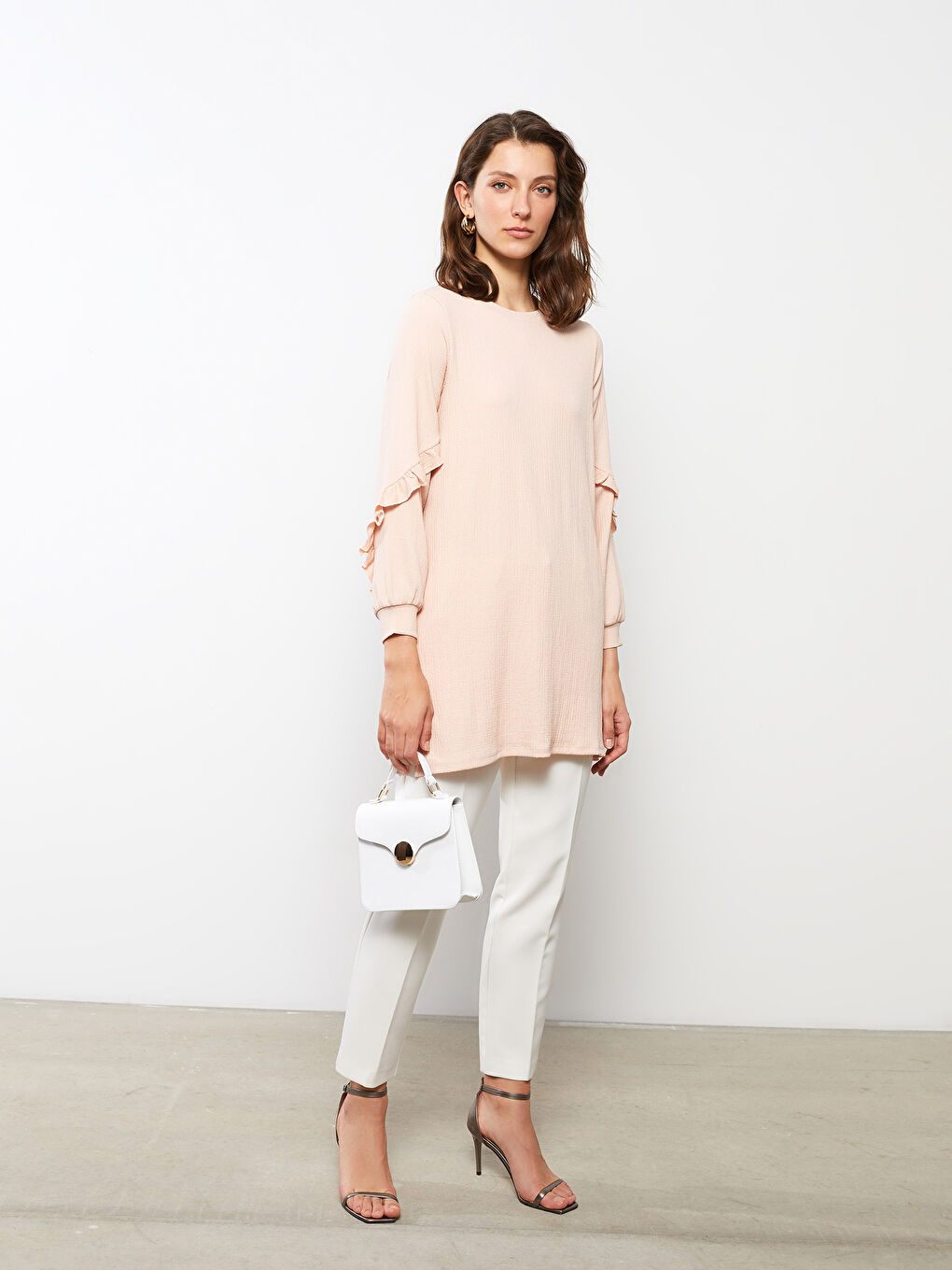 Pembe Bisiklet Yaka Düz Uzun Kollu Kadın Tunik-1