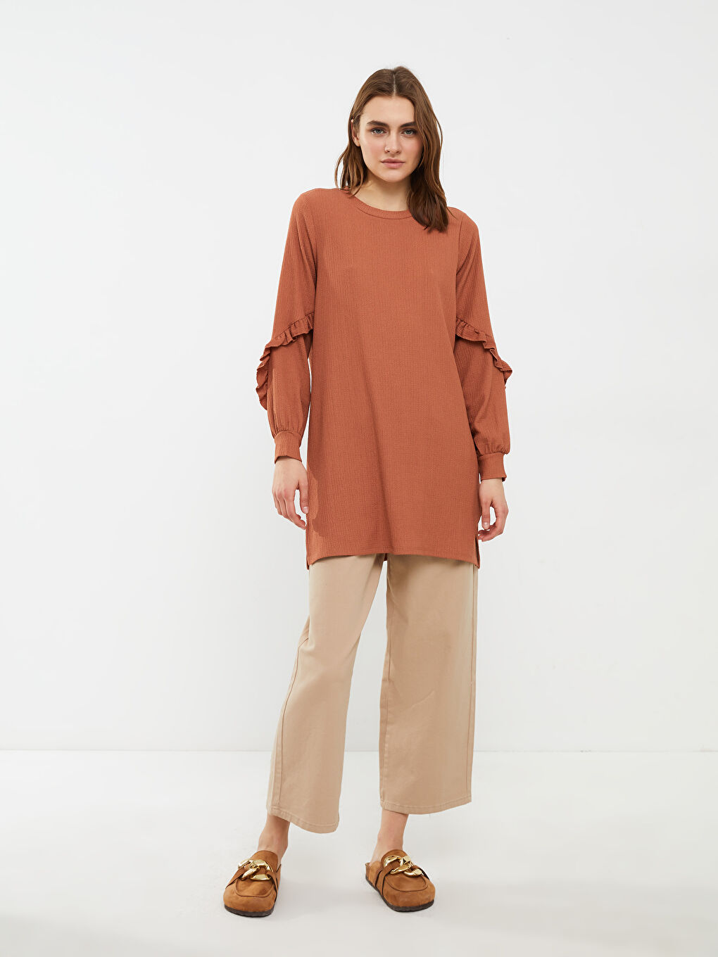 Kahverengi Bisiklet Yaka Düz Uzun Kollu Kadın Tunik