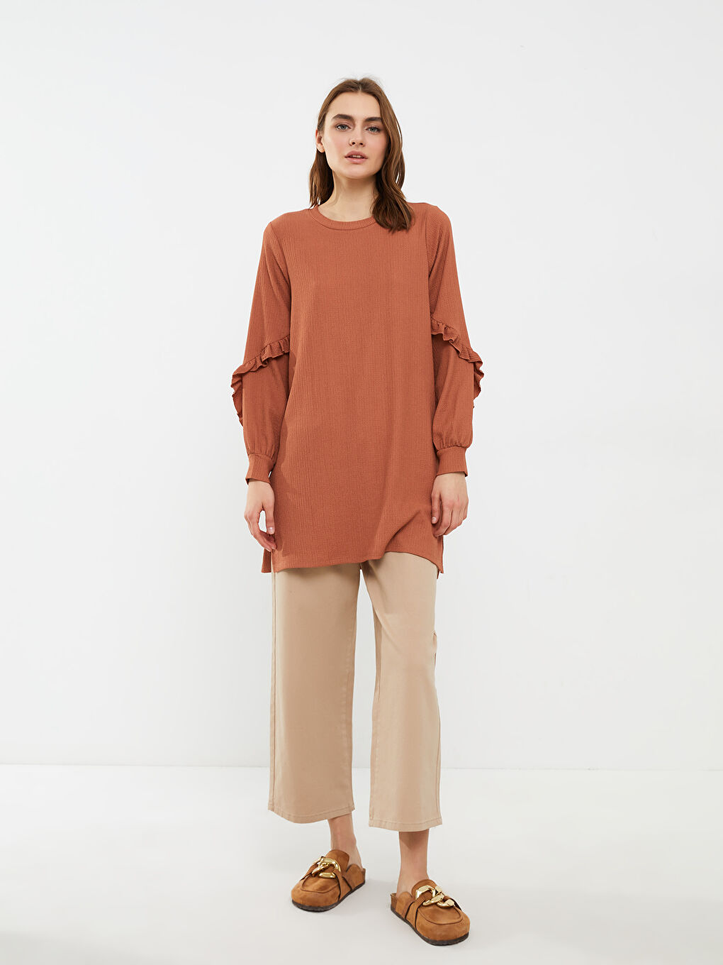 Kahverengi Bisiklet Yaka Düz Uzun Kollu Kadın Tunik-1