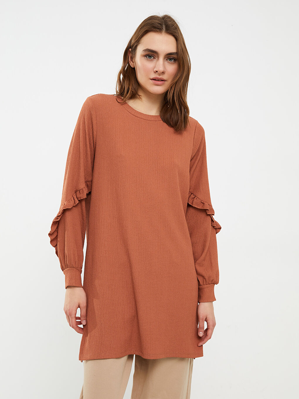 Kahverengi Bisiklet Yaka Düz Uzun Kollu Kadın Tunik-2