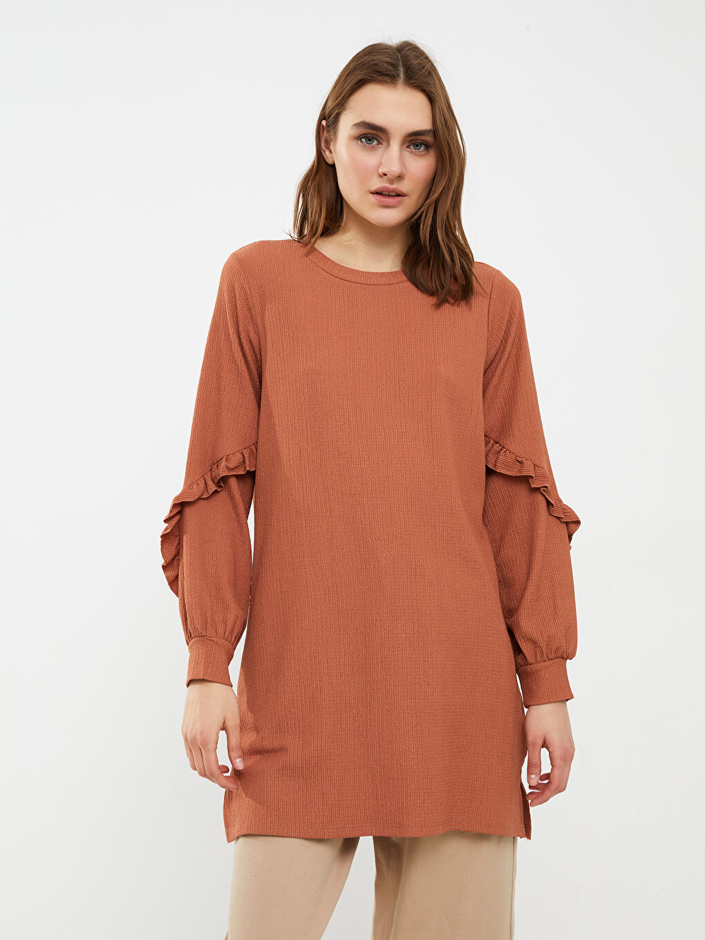 Kahverengi Bisiklet Yaka Düz Uzun Kollu Kadın Tunik-3