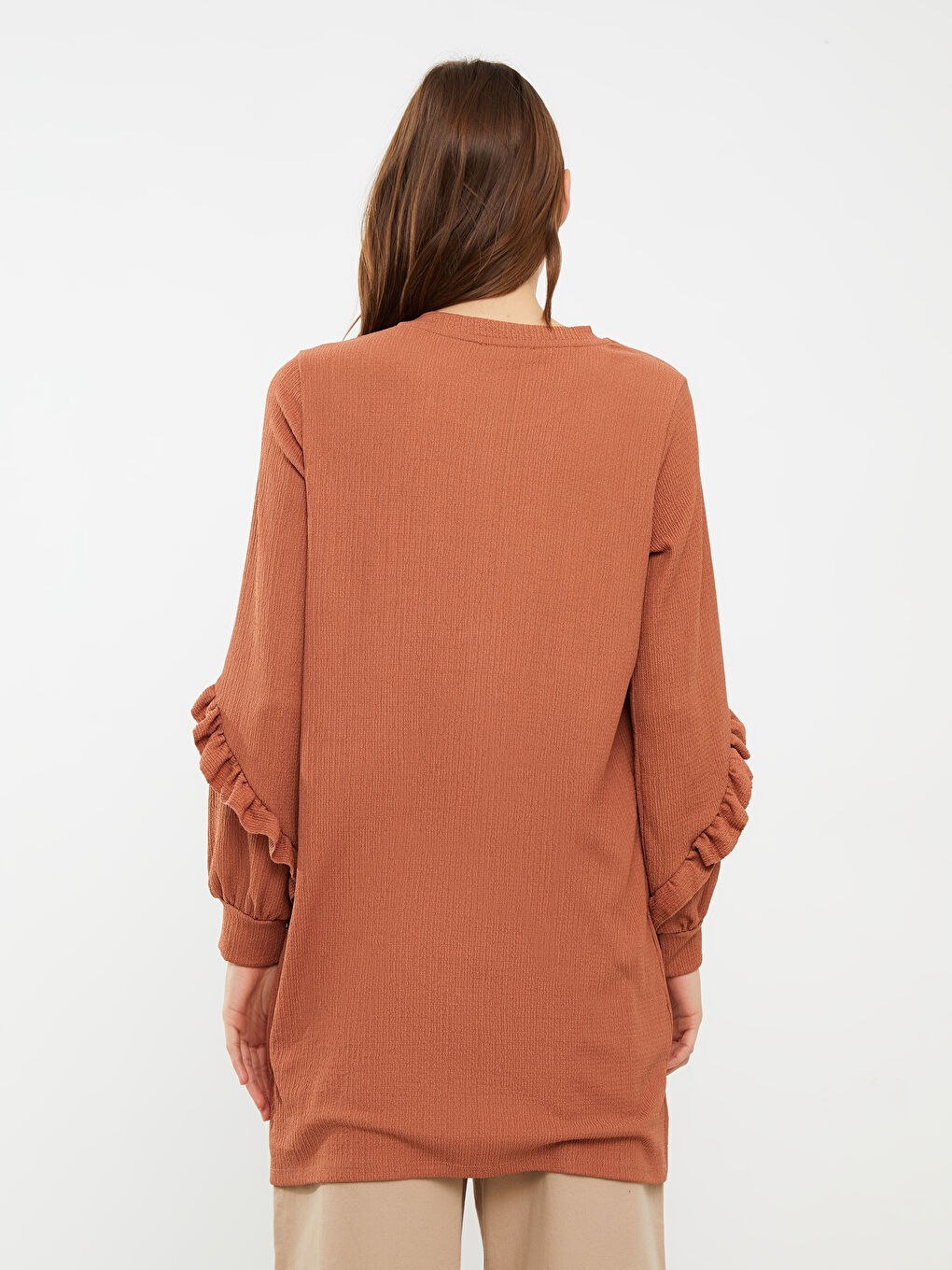Kahverengi Bisiklet Yaka Düz Uzun Kollu Kadın Tunik-4