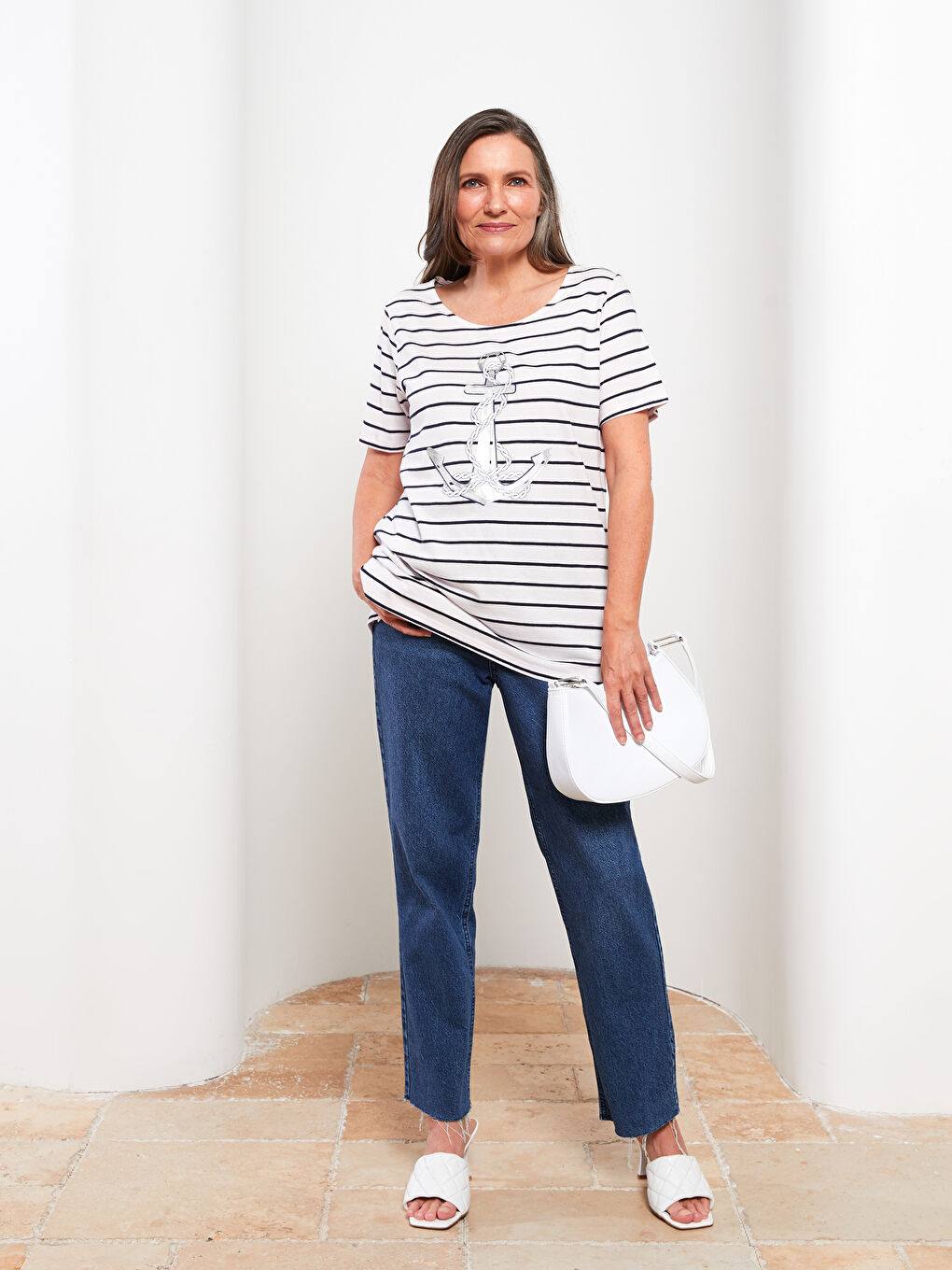 LCW Grace Crew Neck Striped Short Sleeve Women's T-Shirt -S2BT79Z8-LGS