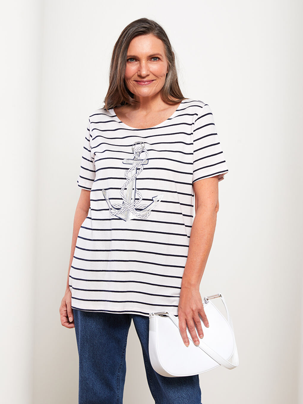 LCW Grace Crew Neck Striped Short Sleeve Women's T-Shirt -S2BT79Z8-LGS