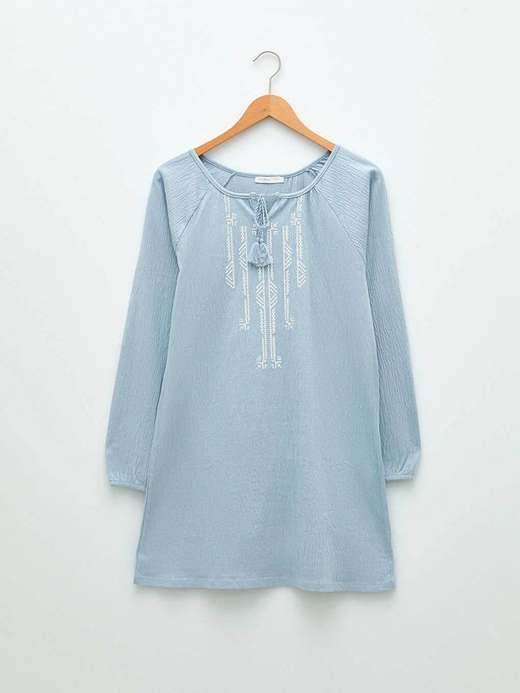 Mavi Bağlamalı Yaka Baskılı Uzun Kollu Kadın Tunik-5