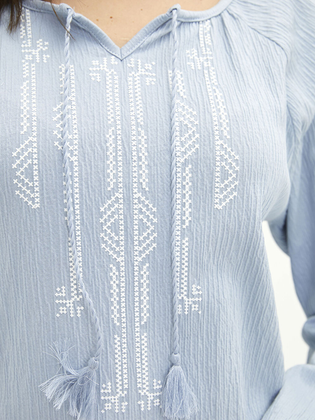 Mavi Bağlamalı Yaka Baskılı Uzun Kollu Kadın Tunik-3