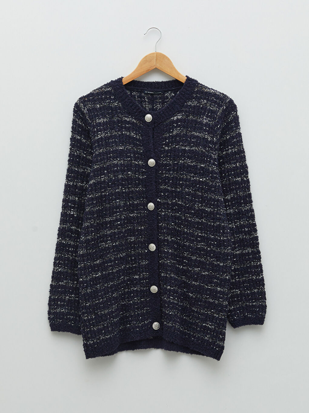 Lacivert Bisiklet Yaka Çizgili Kadın Triko Hırka-5