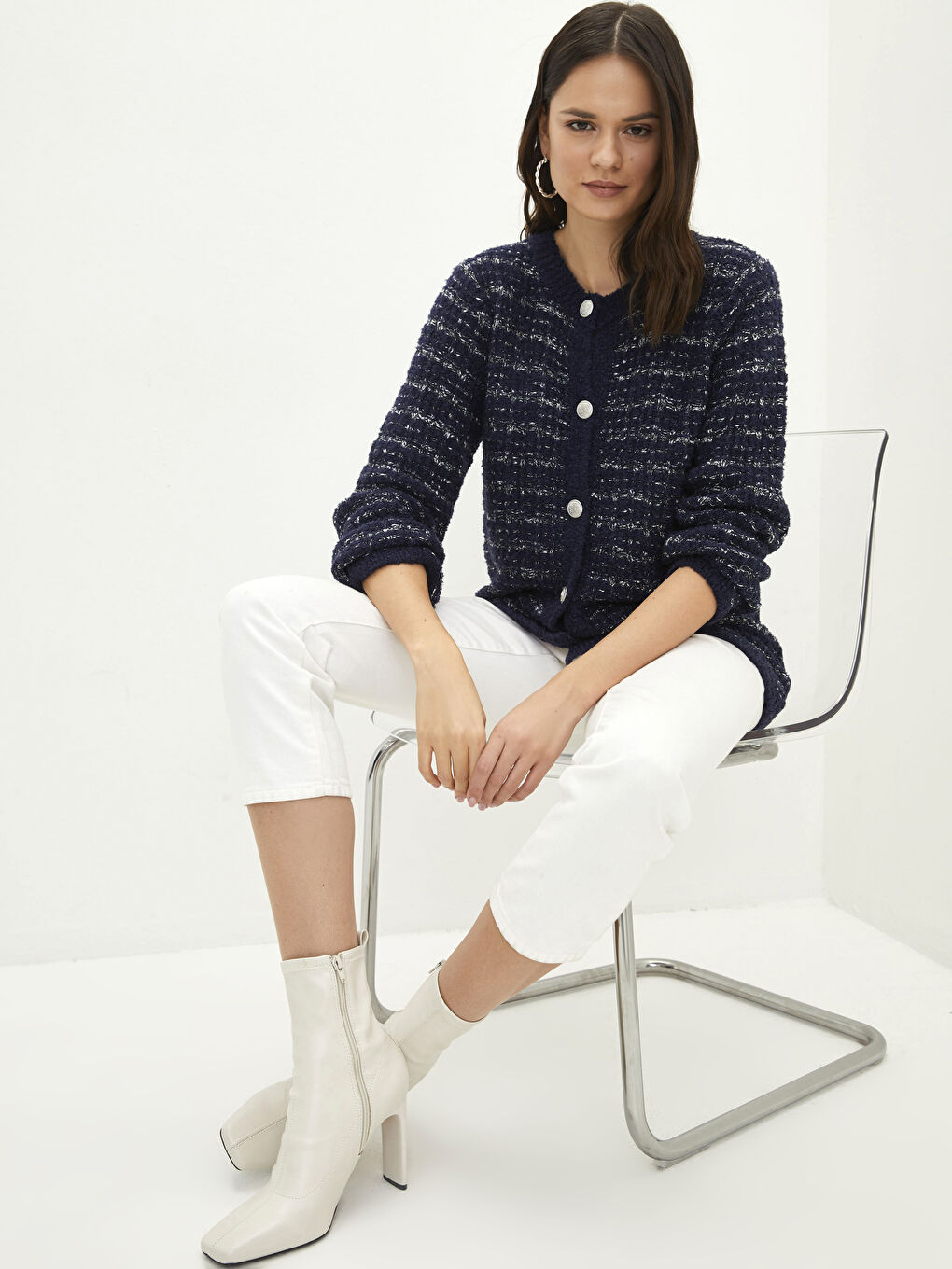 Lacivert Bisiklet Yaka Çizgili Kadın Triko Hırka