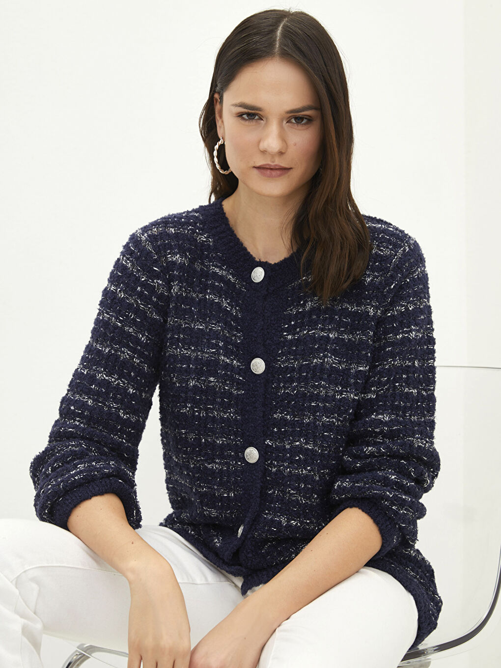 Lacivert Bisiklet Yaka Çizgili Kadın Triko Hırka-1