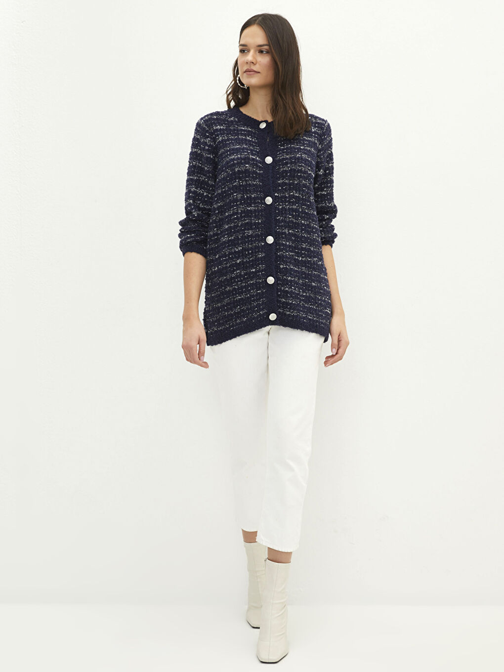 Lacivert Bisiklet Yaka Çizgili Kadın Triko Hırka-2