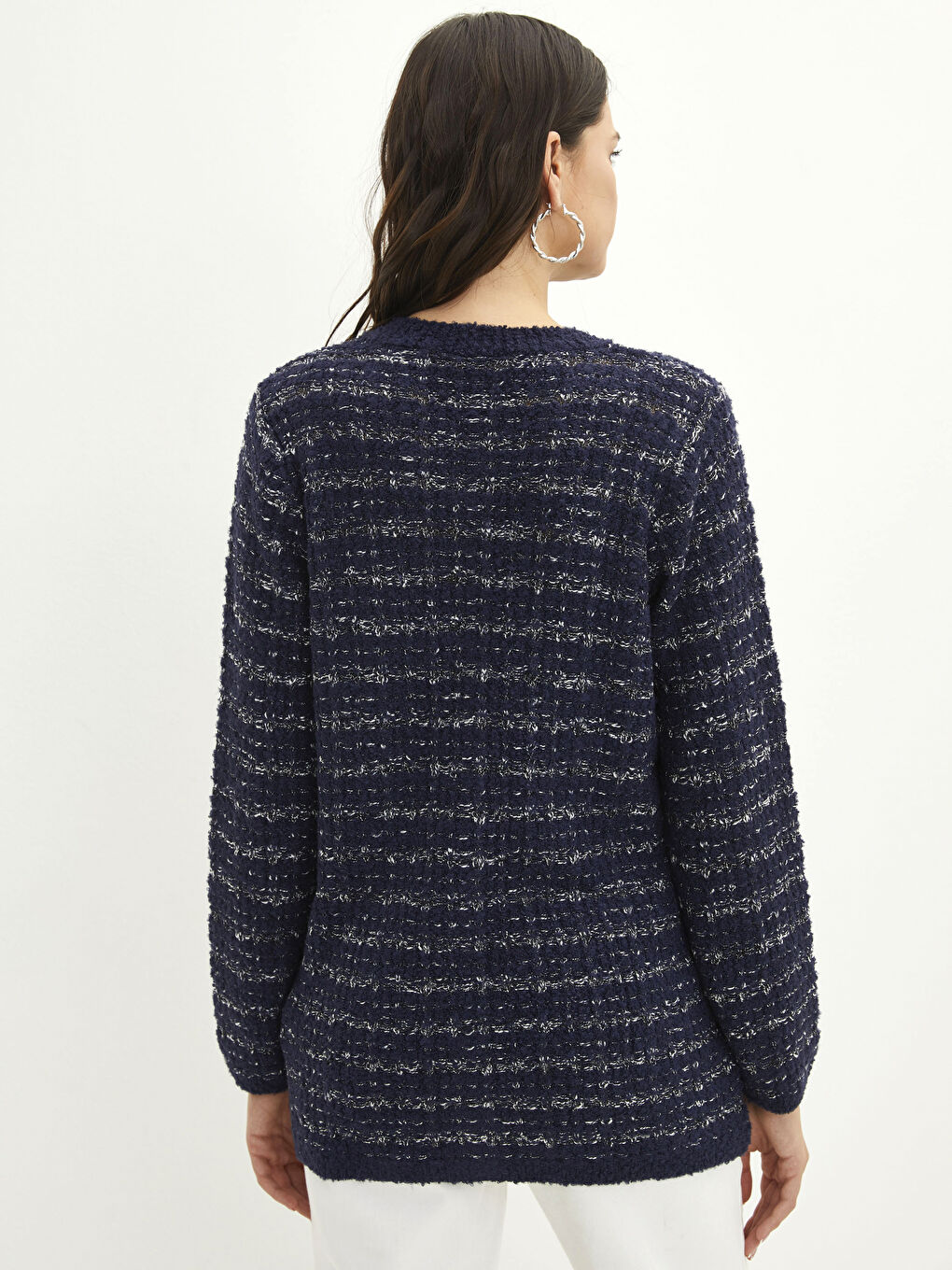 Lacivert Bisiklet Yaka Çizgili Kadın Triko Hırka-4