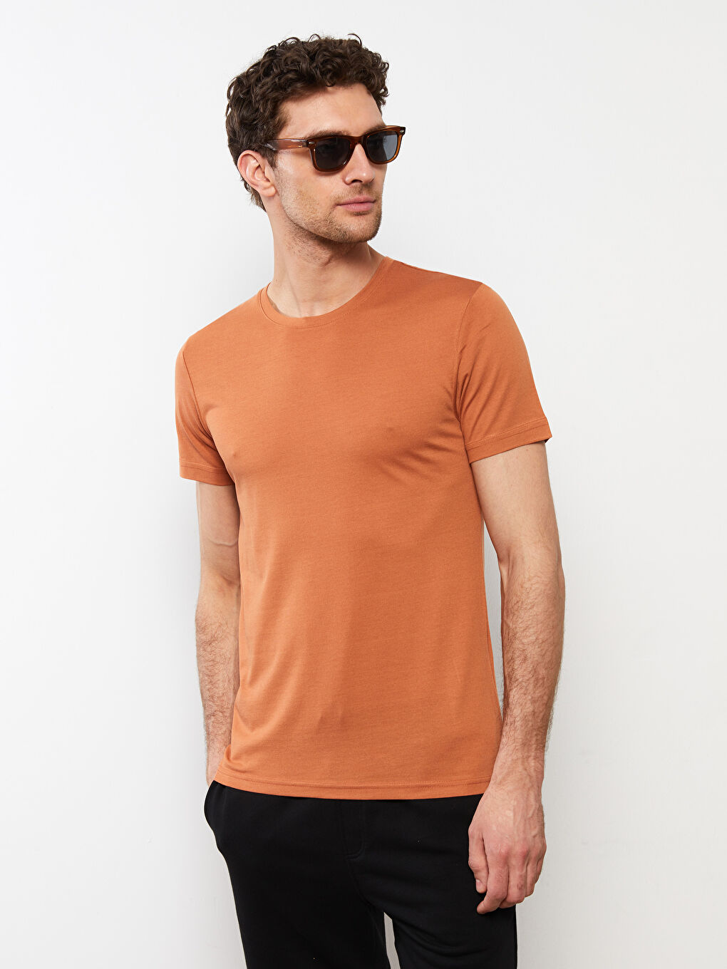Kahverengi Bisiklet Yaka Kısa Kollu Erkek Tişört-2