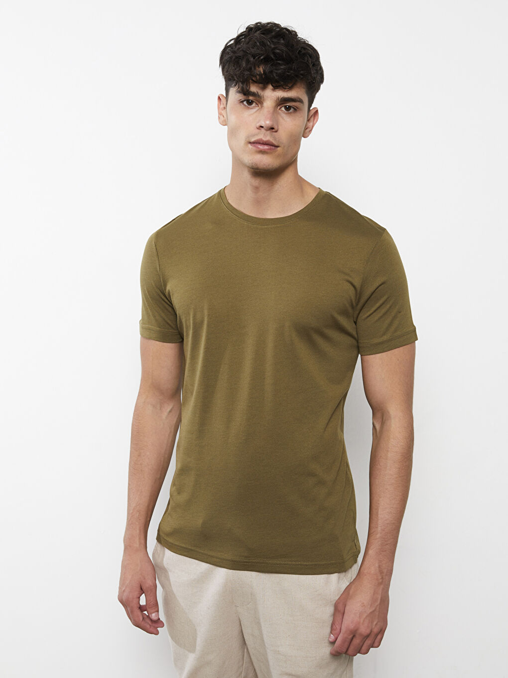 Haki Bisiklet Yaka Kısa Kollu Erkek Tişört-1