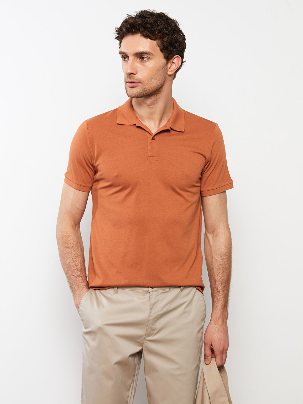 Kahverengi Polo Yaka Kısa Kollu Pike Erkek Tişört-1