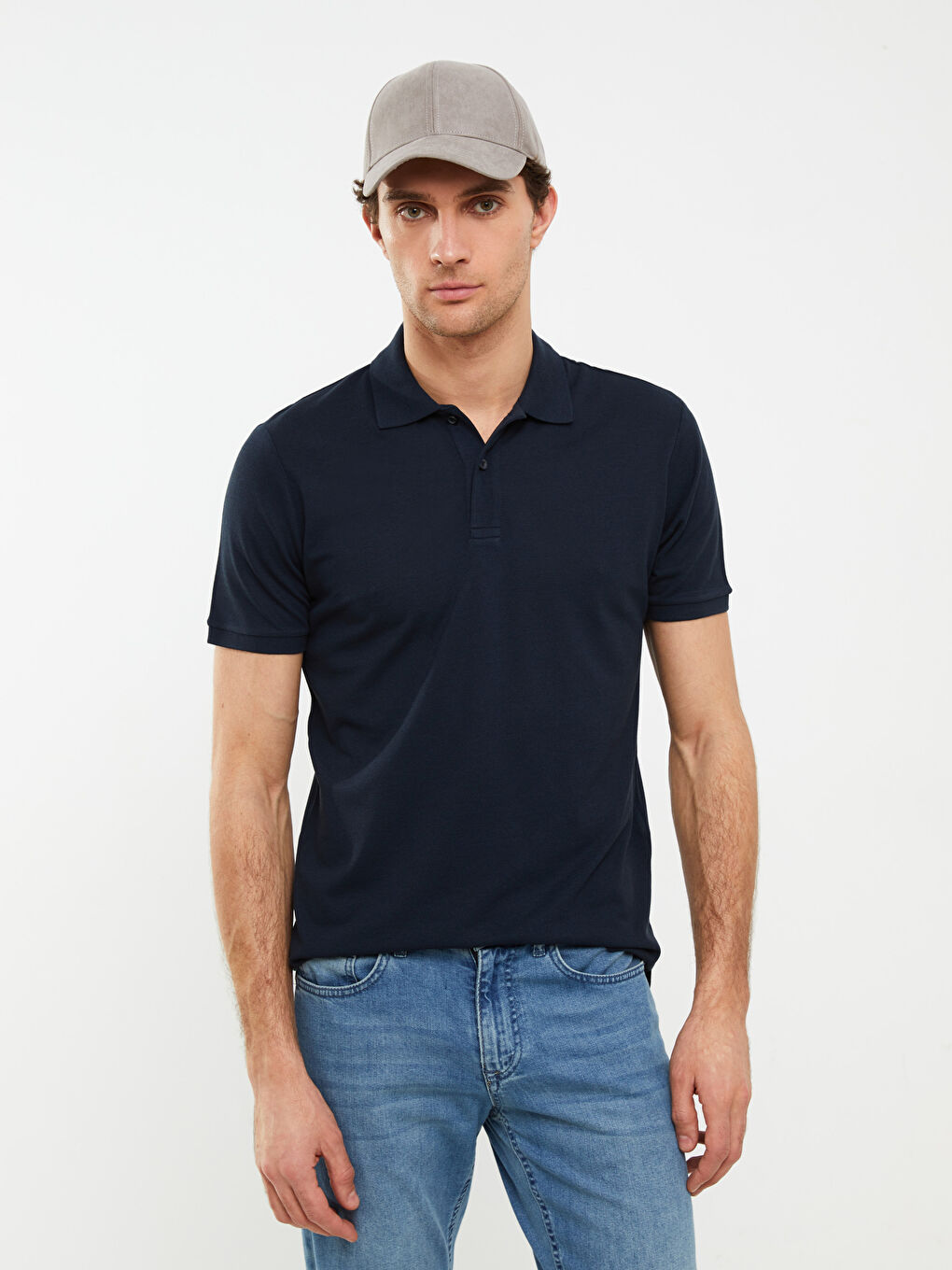 Lacivert Polo Yaka Kısa Kollu Pike Erkek Tişört-2