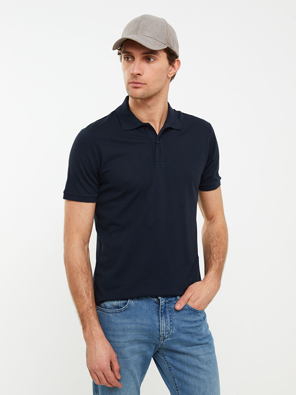 Lacivert Polo Yaka Kısa Kollu Pike Erkek Tişört-3