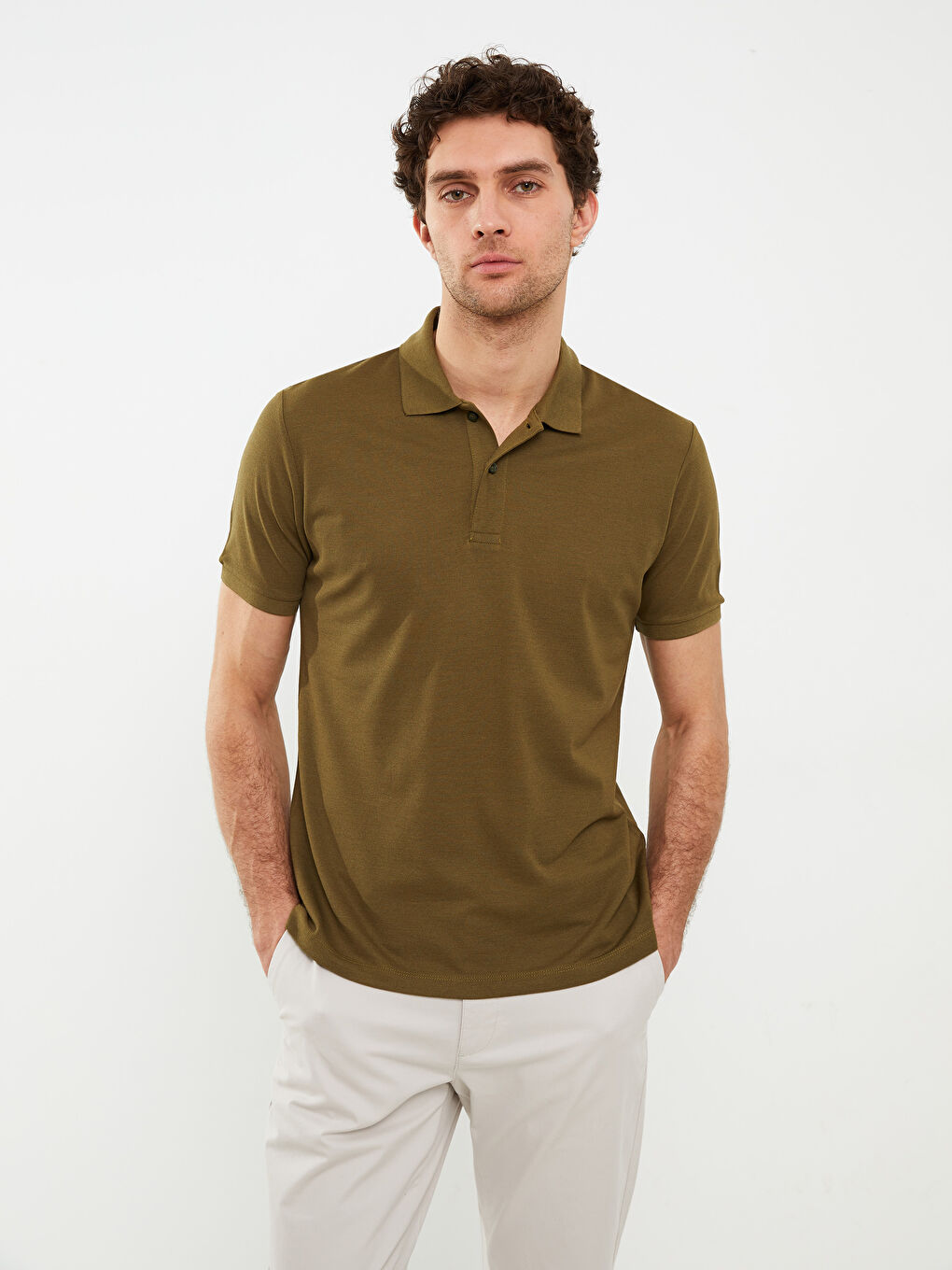 Haki Polo Yaka Kısa Kollu Pike Erkek Tişört-1