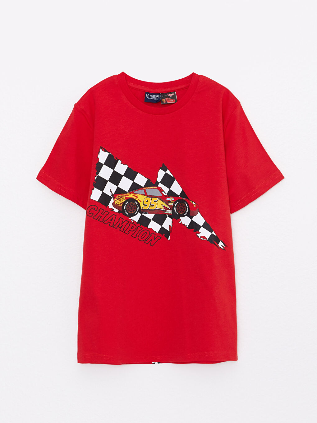 Kırmızı Bisiklet Yaka Arabalar Baskılı Kısa Kollu Pamuklu Erkek Çocuk Tişört