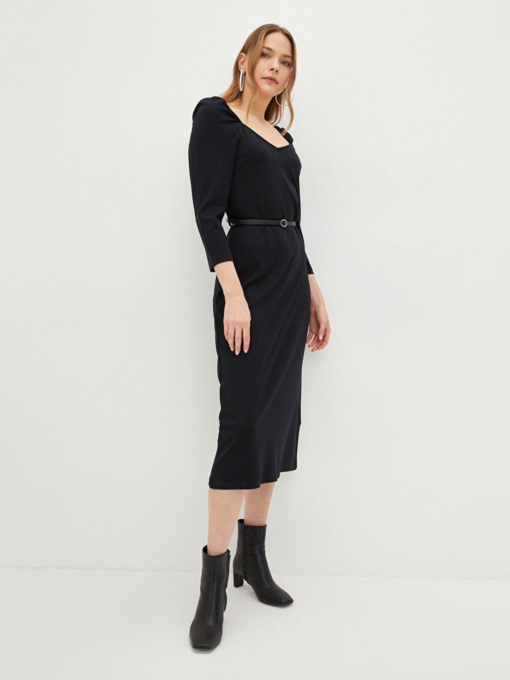 LCWAIKIKI Classic V-Ausschnitt Schlichtes Langarm Figurbetontes Kleid für Damen -S2BU37Z8-CVL