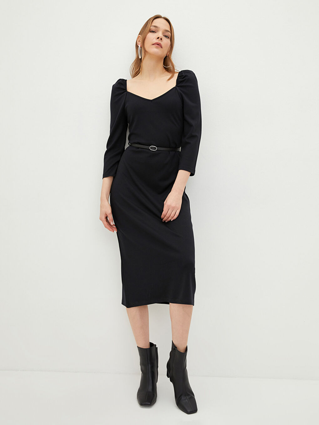 LCWAIKIKI Classic V-Ausschnitt Schlichtes Langarm Figurbetontes Kleid für Damen -S2BU37Z8-CVL