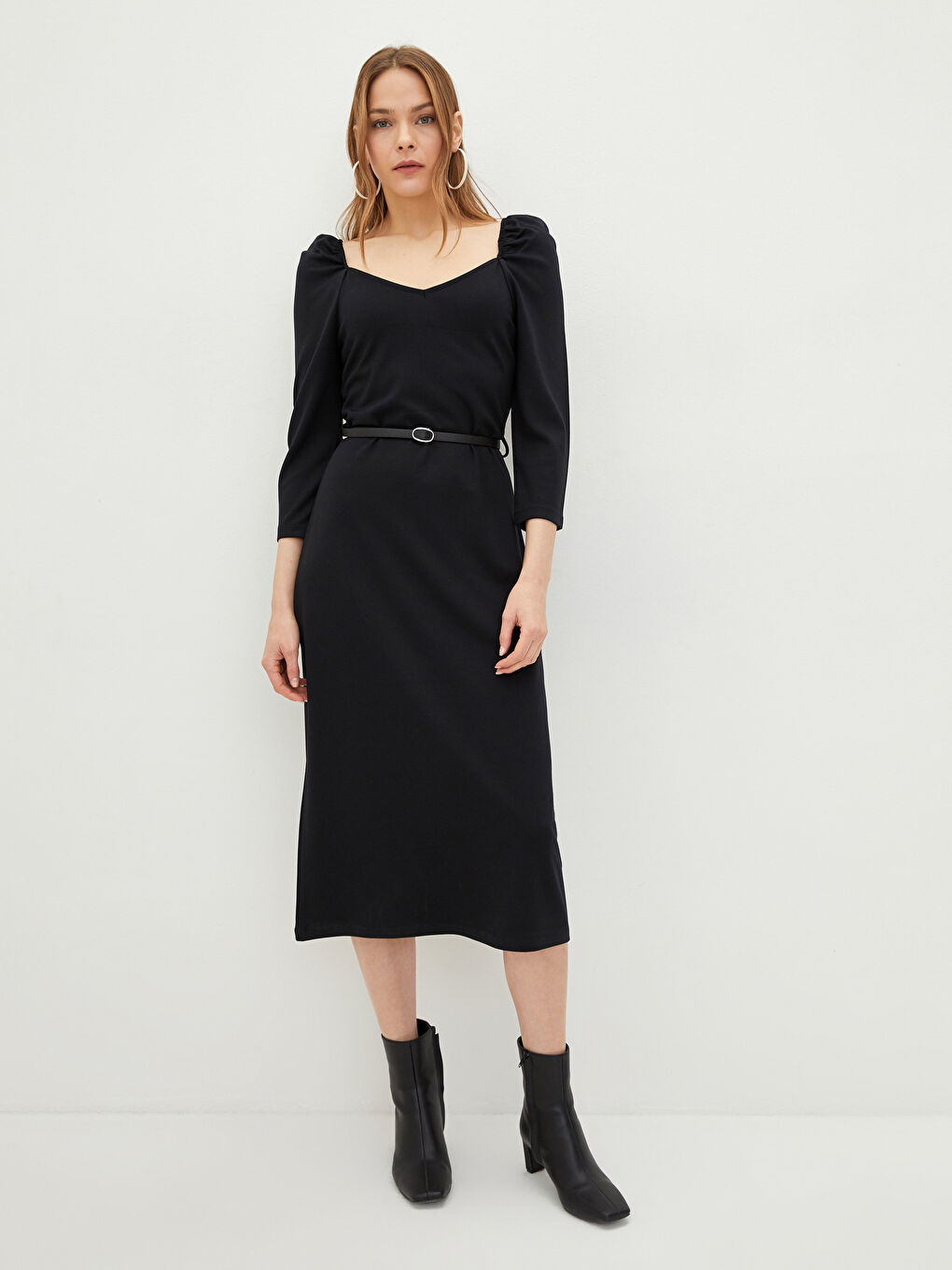 LCWAIKIKI Classic V-Ausschnitt Schlichtes Langarm Figurbetontes Kleid für Damen -S2BU37Z8-CVL