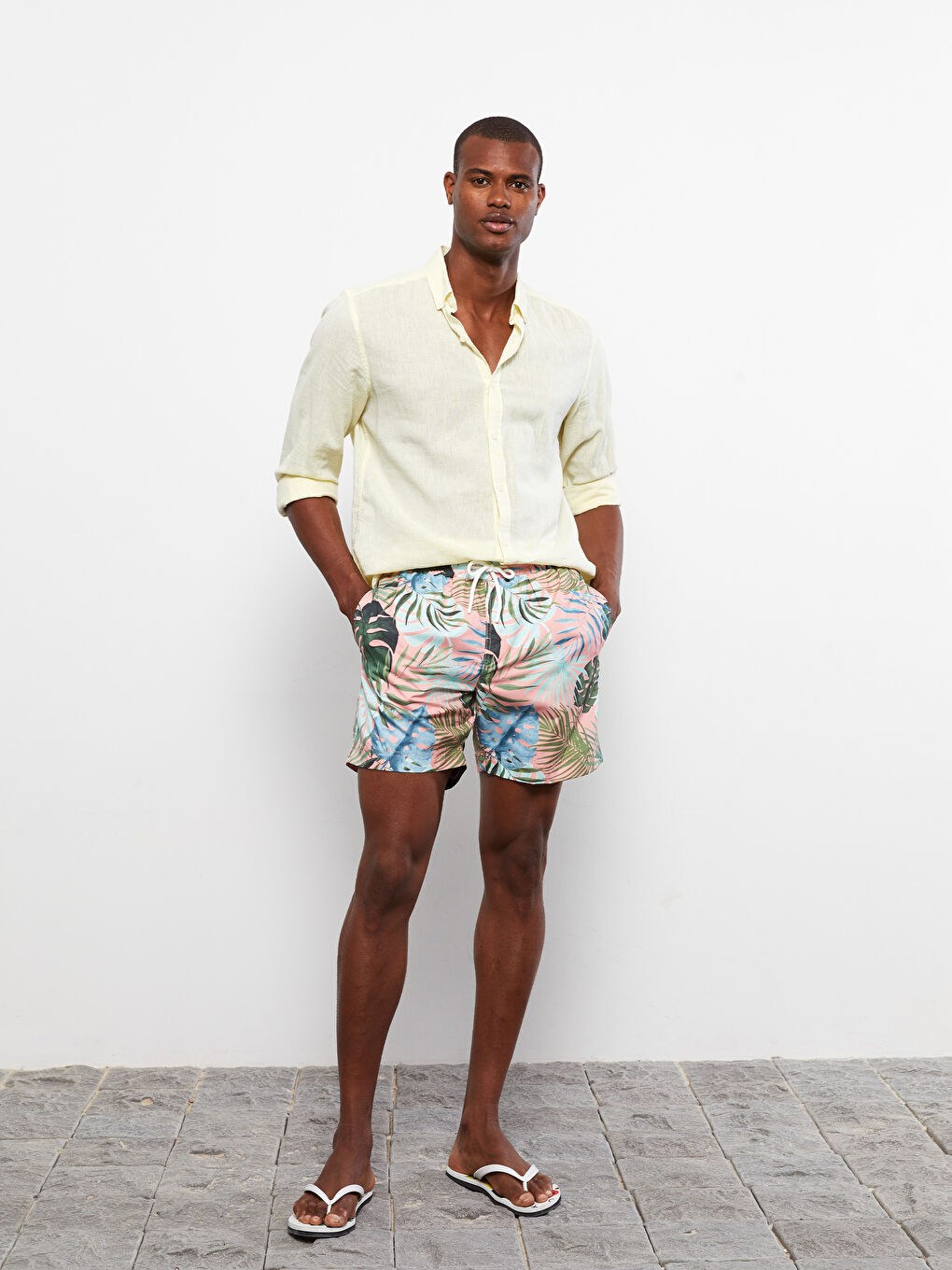 Yeşil Diz Hizası Boy Desenli Erkek Deniz Şortu-3