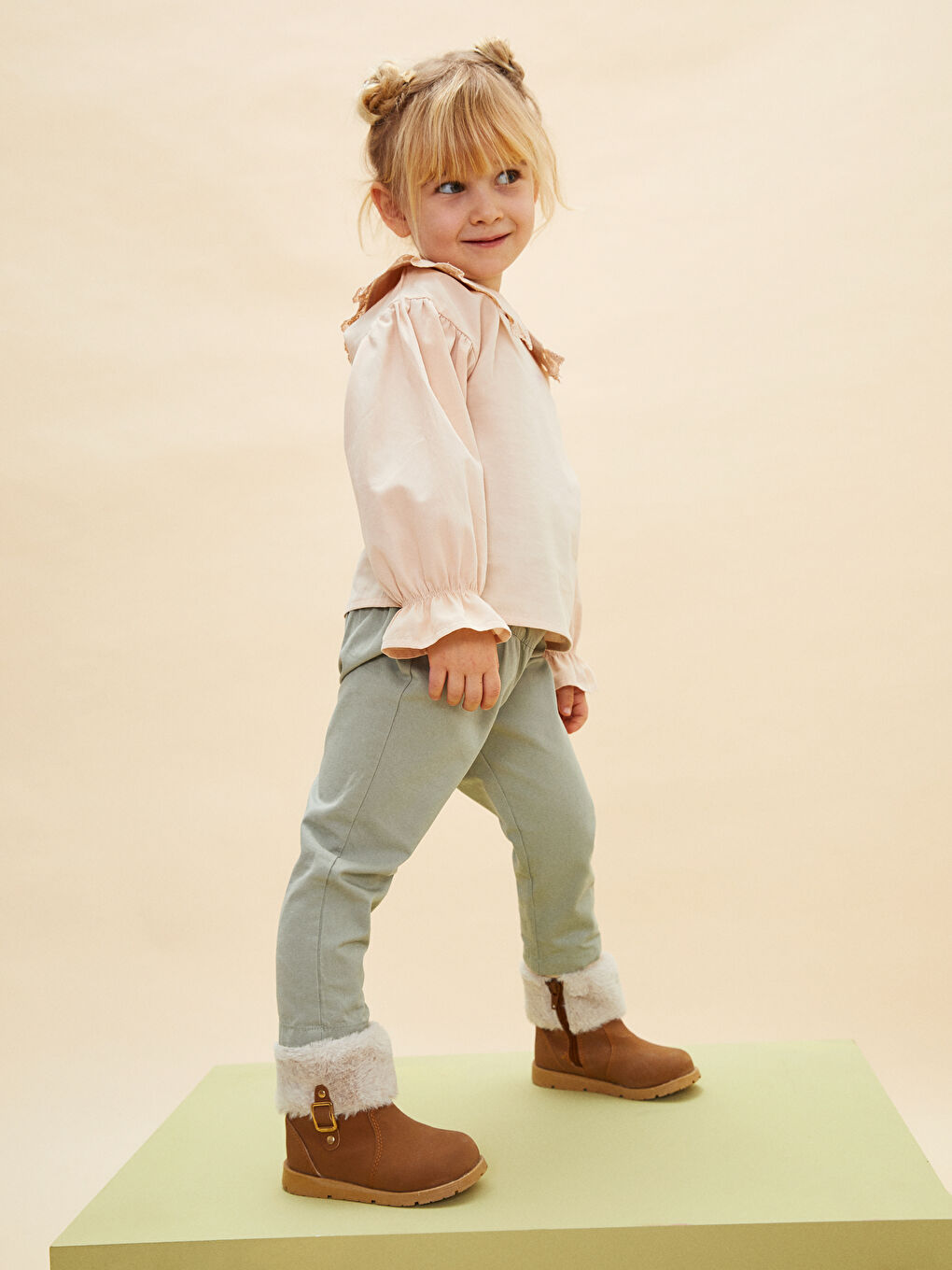 Yeşil Beli Lastikli Basic Kız Bebek Pantolon-1