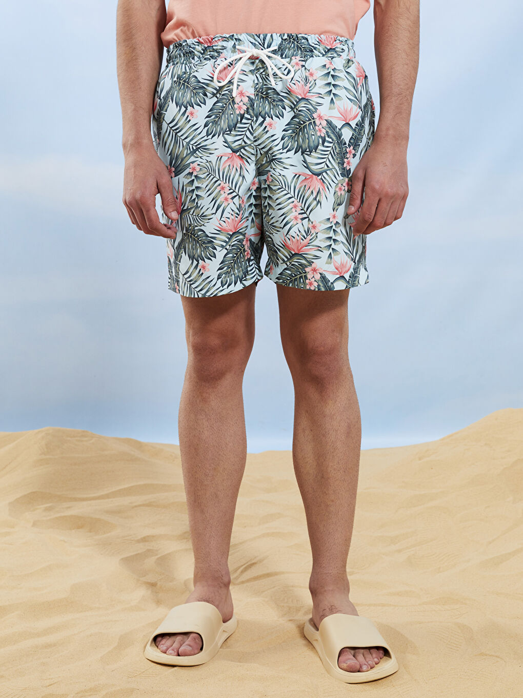 Turkuaz Diz Hizası Boy Desenli Erkek Deniz Şortu-4