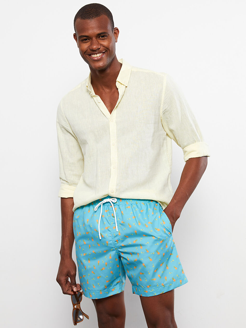 Turkuaz Diz Hizası Boy Desenli Erkek Deniz Şortu-3