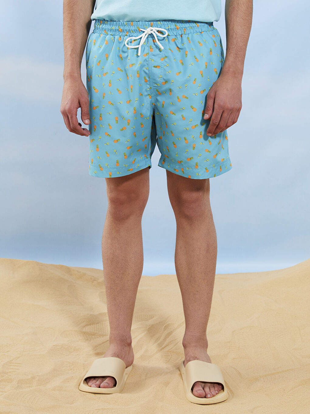 Turkuaz Diz Hizası Boy Desenli Erkek Deniz Şortu-6