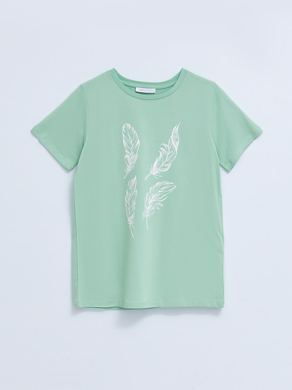 Yeşil Bisiklet Yaka Baskılı Kısa Kollu Pamuklu Kadın Tişört