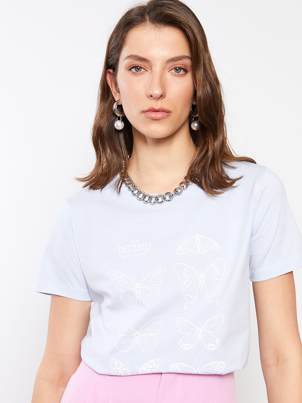 Mavi Bisiklet Yaka Baskılı Kısa Kollu Pamuklu Kadın Tişört-1