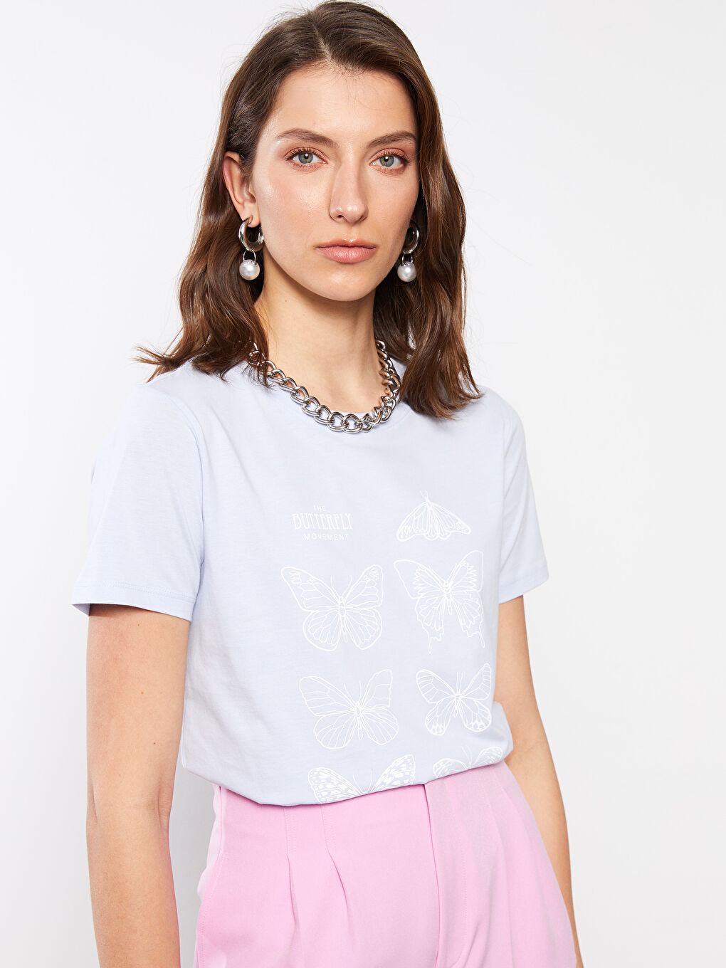 Mavi Bisiklet Yaka Baskılı Kısa Kollu Pamuklu Kadın Tişört-2