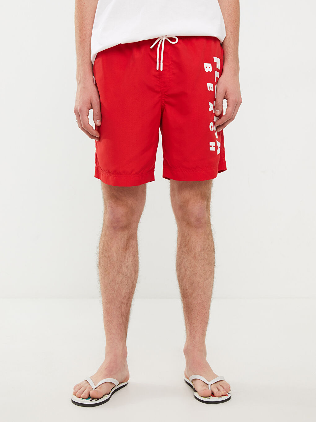 Kırmızı Diz Hizası Boy Baskılı Erkek Deniz Şortu-3
