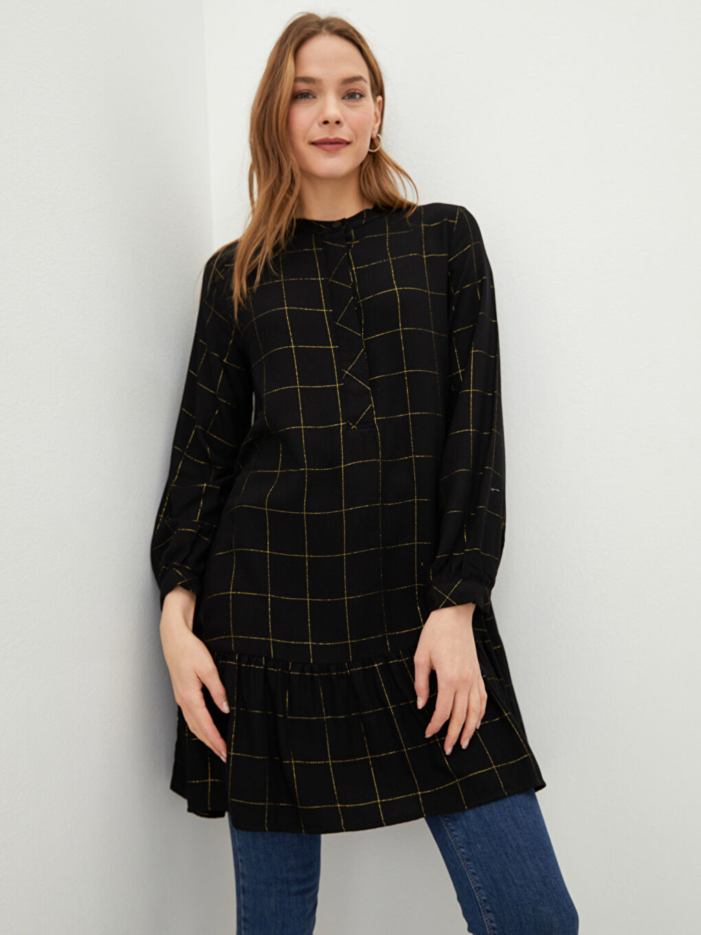 Siyah Bisiklet Yaka Ekose Uzun Kollu Kadın Tunik