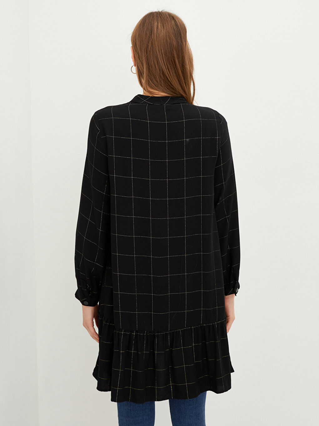 Siyah Bisiklet Yaka Ekose Uzun Kollu Kadın Tunik-3