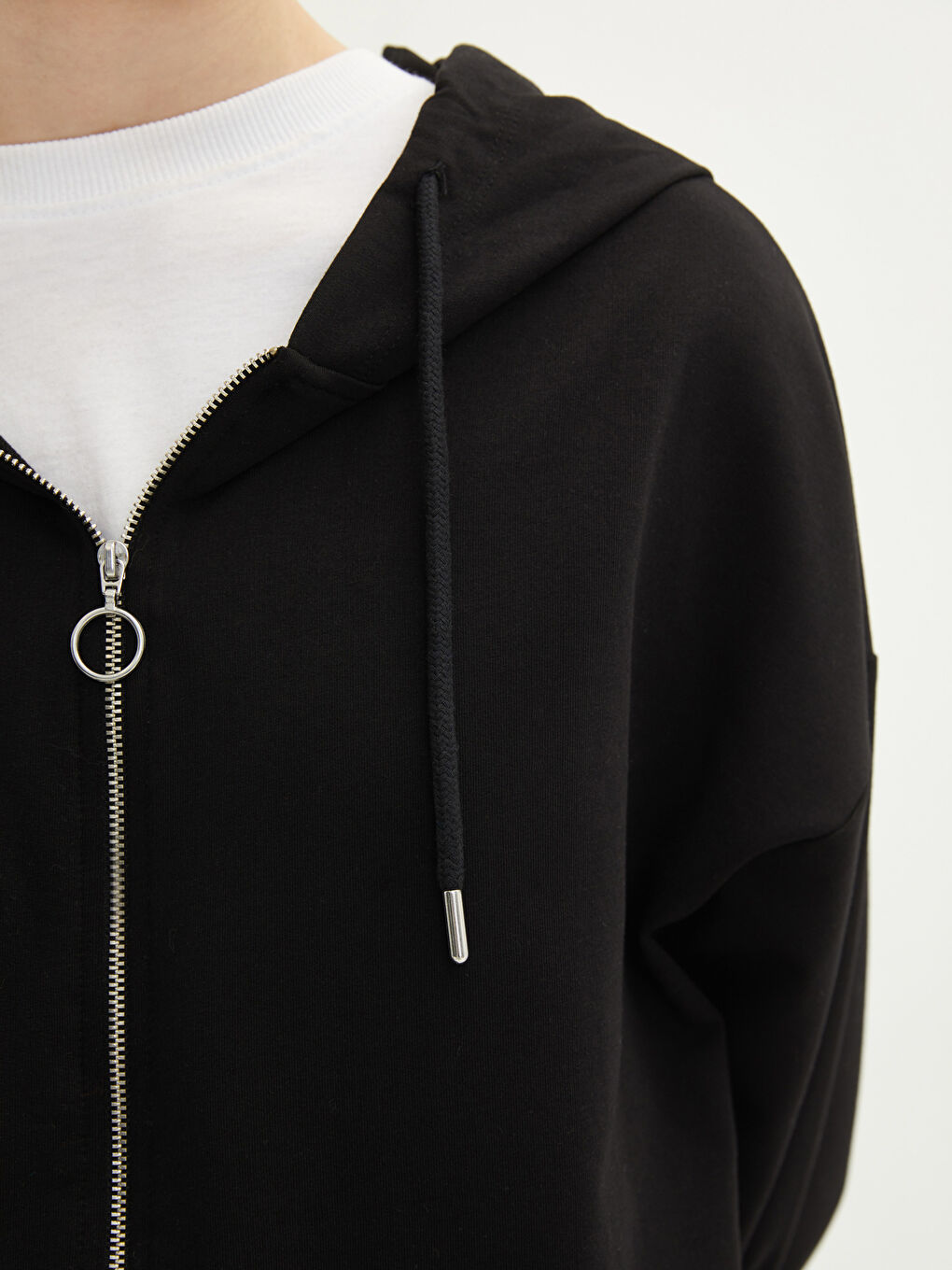 Siyah Kapüşonlu Düz Uzun Kollu Oversize Kadın Spor Hırka-2