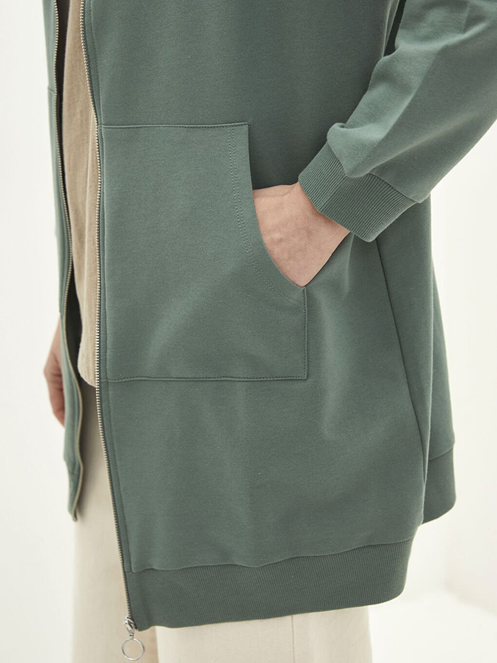 Yeşil Kapüşonlu Düz Uzun Kollu Oversize Kadın Spor Hırka-3