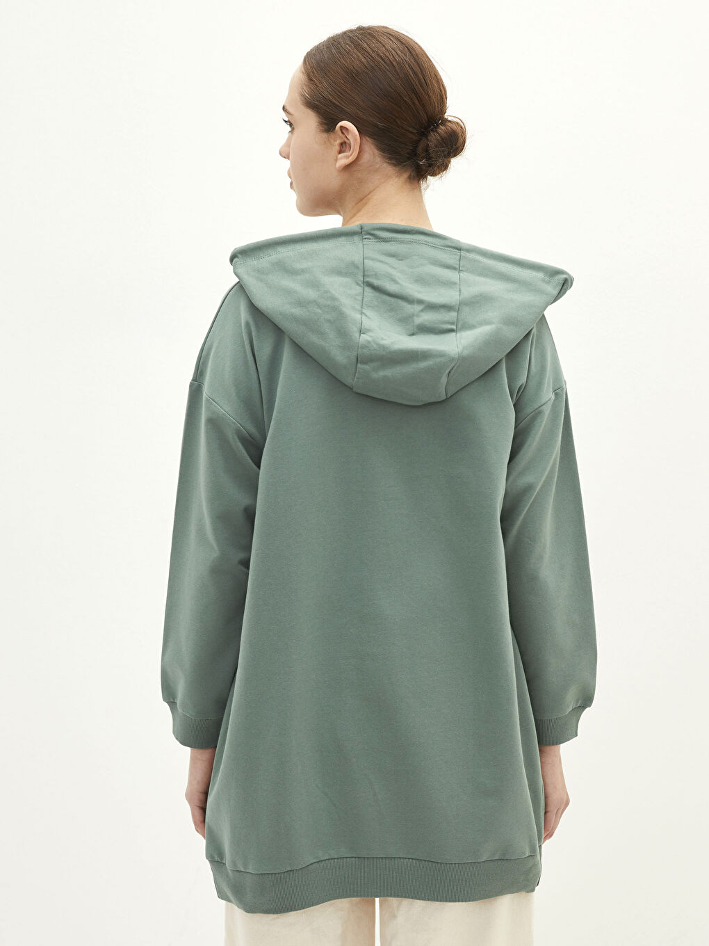 Yeşil Kapüşonlu Düz Uzun Kollu Oversize Kadın Spor Hırka-4
