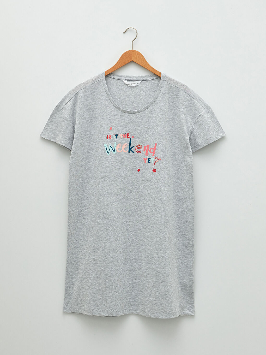 Gri Bisiklet Yaka Yazı Baskılı Kısa Kollu Kadın Gecelik-4