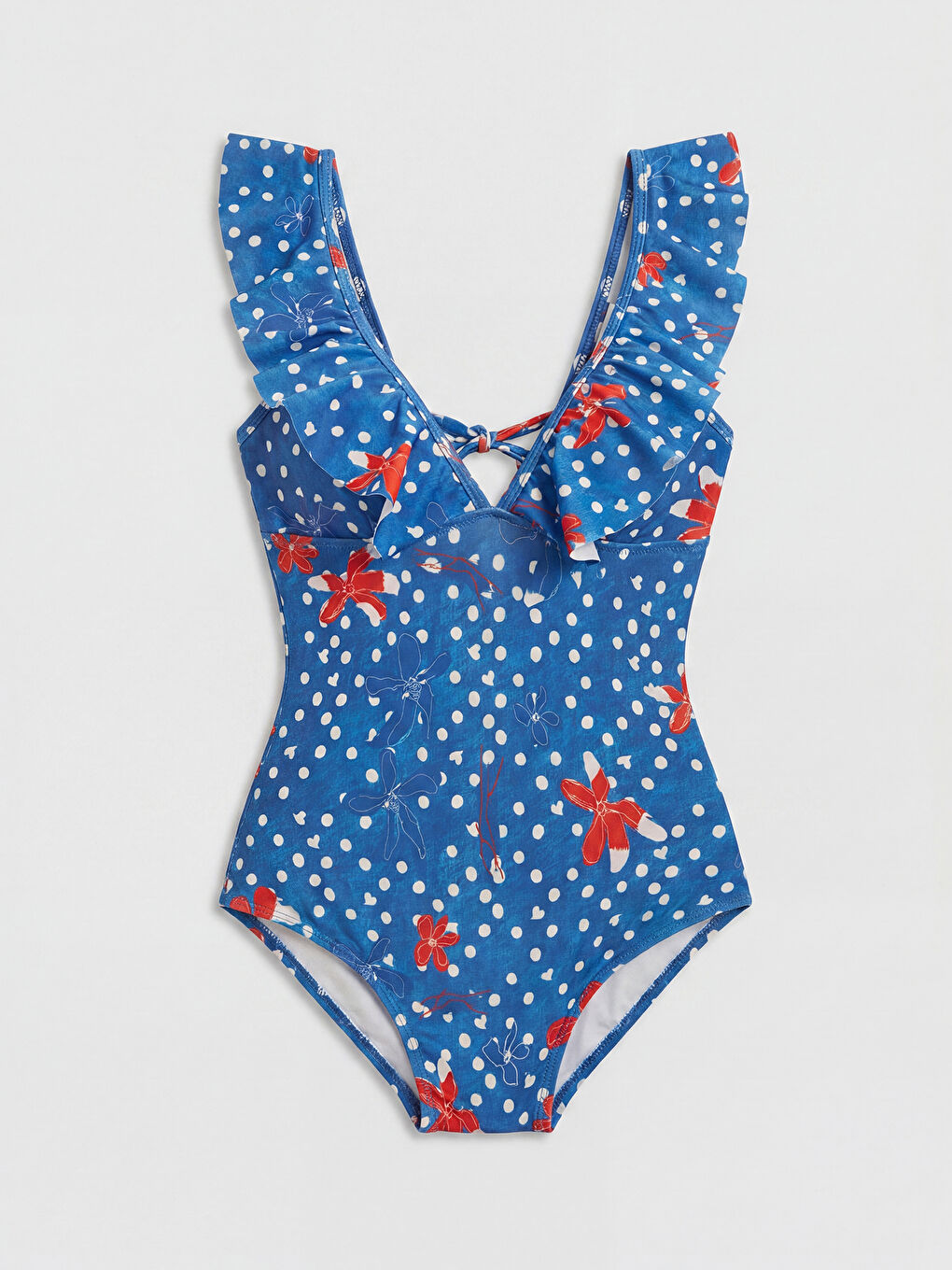 Mavi V Yaka Desenli Fırfır Detaylı Kadın Mayo