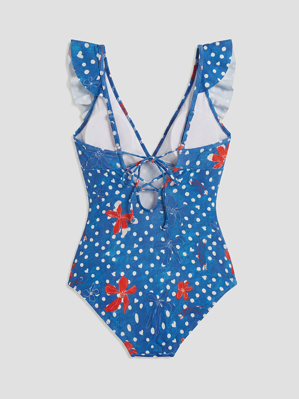 Mavi V Yaka Desenli Fırfır Detaylı Kadın Mayo-1