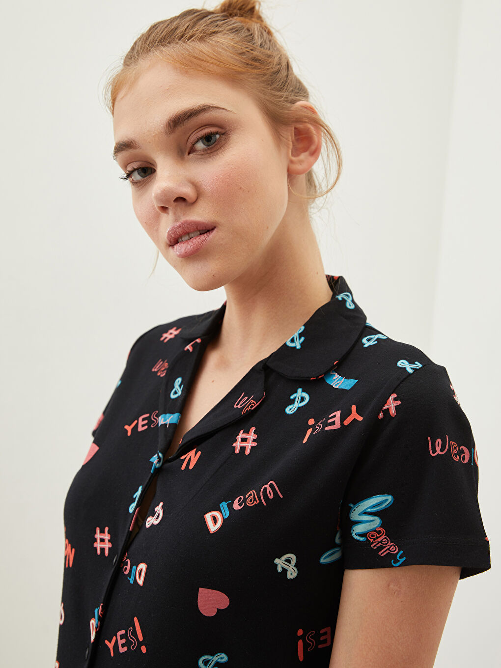 طقم بيجامة ياقة القميص كم قصير قطن مطبوع للسيدات-2