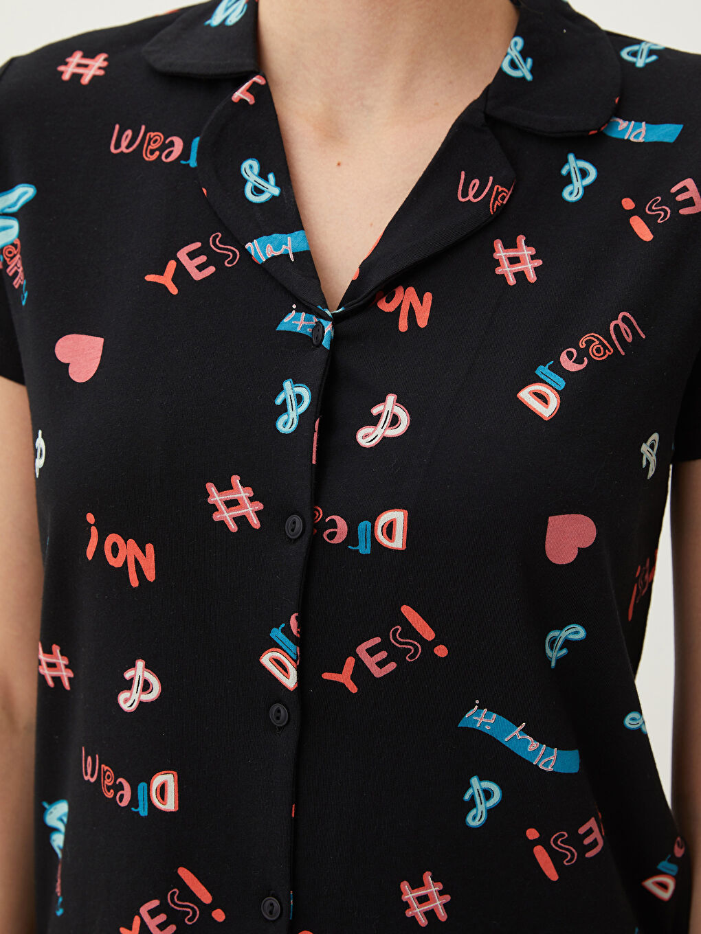 طقم بيجامة ياقة القميص كم قصير قطن مطبوع للسيدات-3