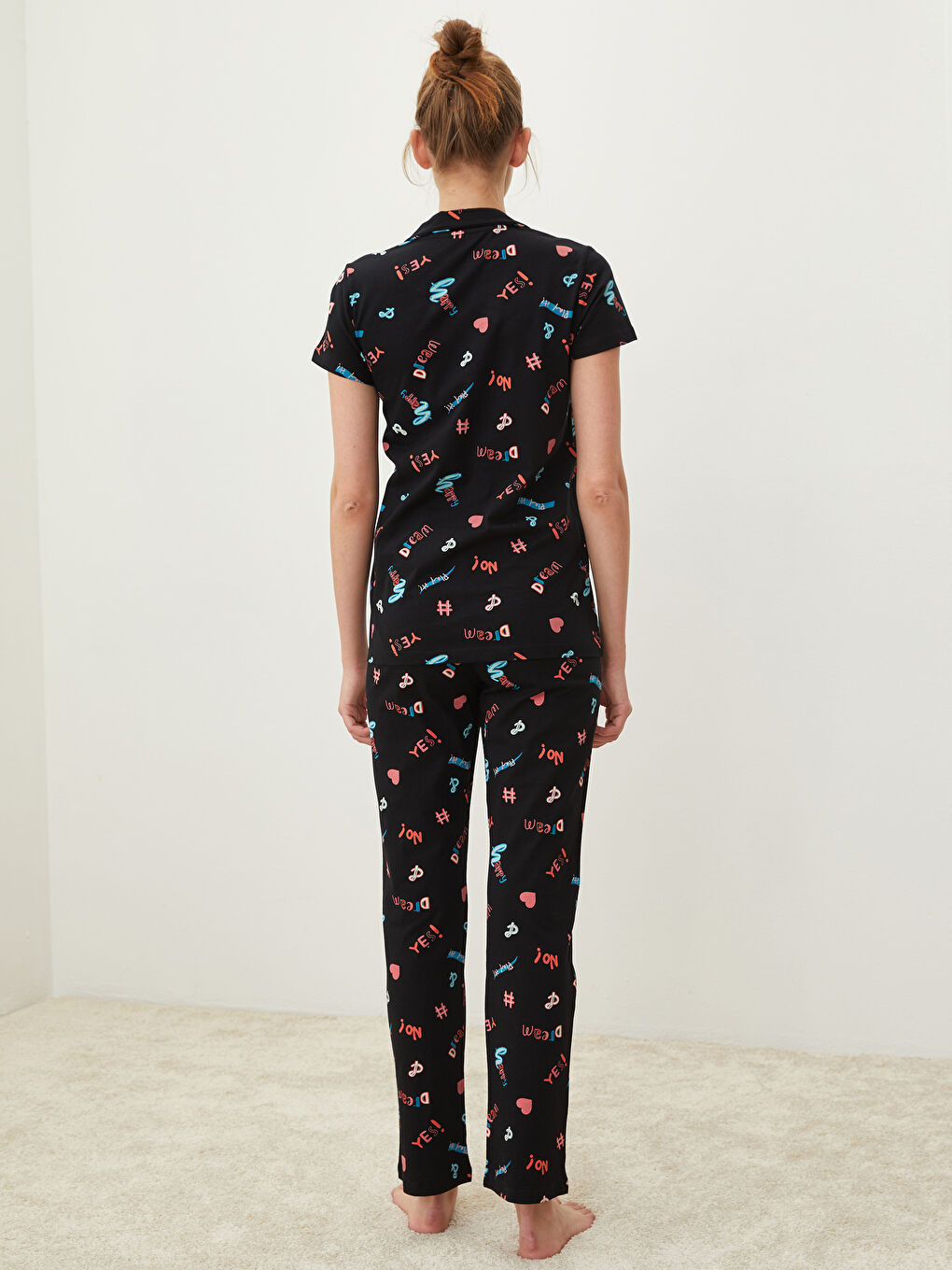 طقم بيجامة ياقة القميص كم قصير قطن مطبوع للسيدات-4