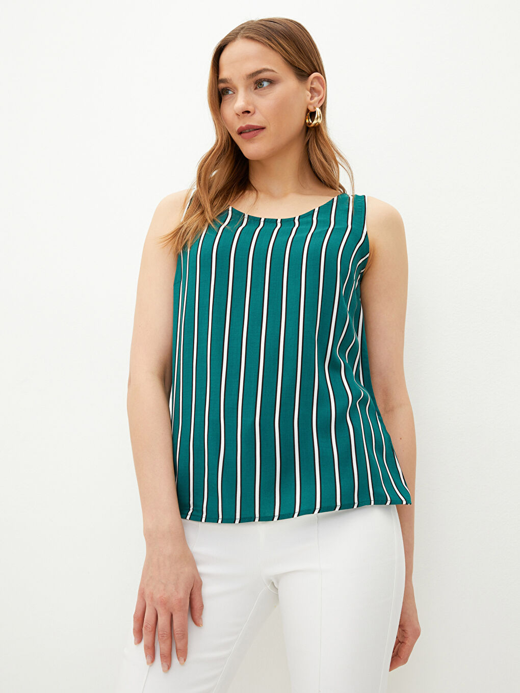 Crew Neck Striped Sleeveless Viscose Women's Blouse