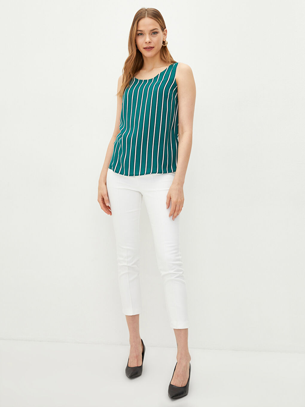 Crew Neck Striped Sleeveless Viscose Women's Blouse-1